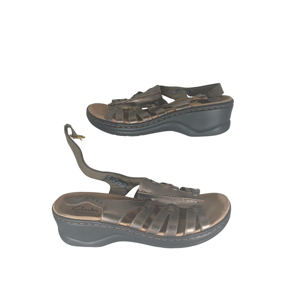 Clarks Bendables Sandals 9M Bronze Leather Strappy Metallic Comfort Wedge Z1089